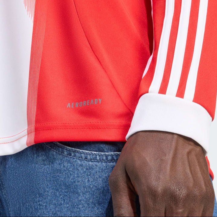 adidas Alphonso Davies Men's Bayern Munich Long Sleeve Home Jersey 25/26 w/ Bundesliga Champions Patch (Red/White) | SoccerWearhouse