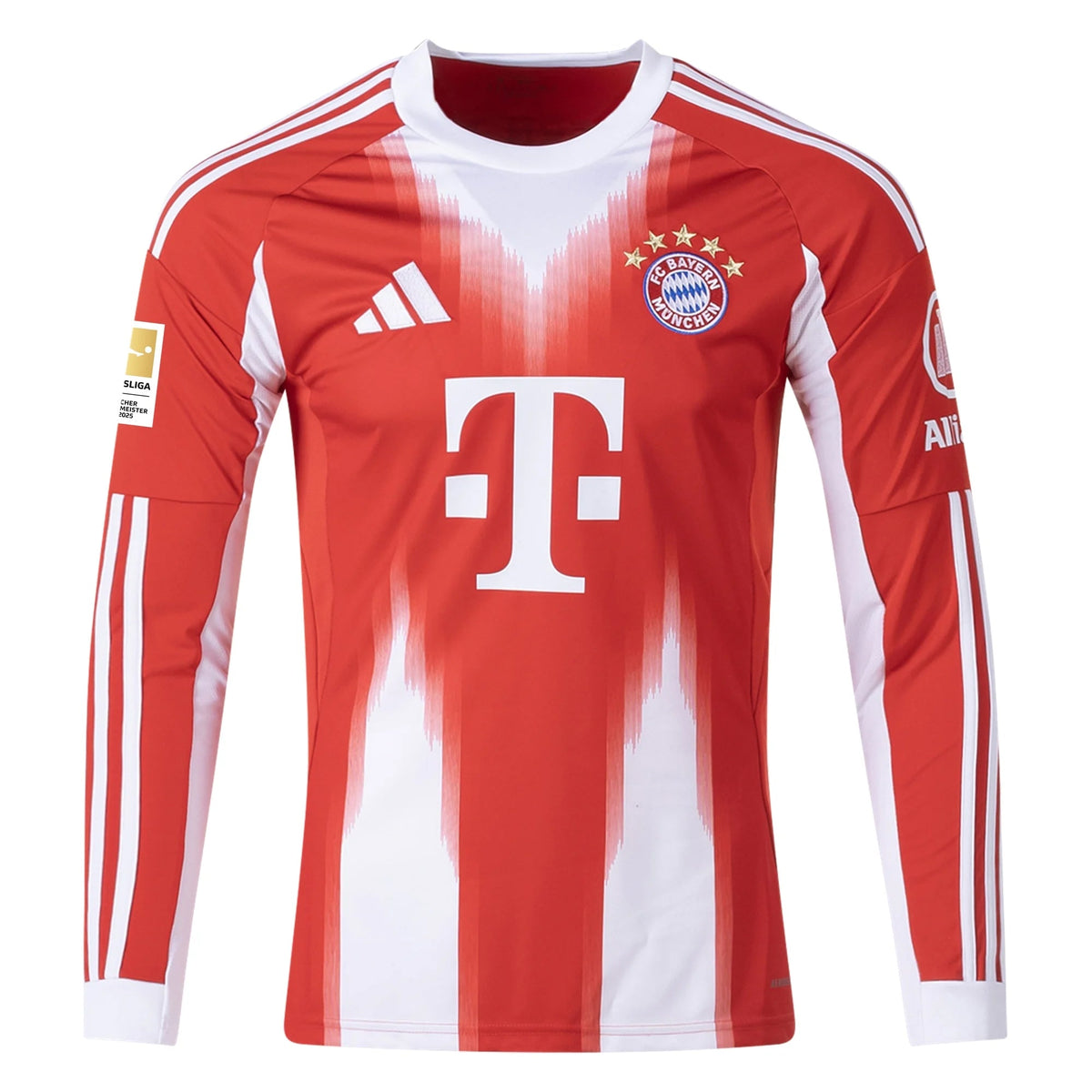 adidas Alphonso Davies Men's Bayern Munich Long Sleeve Home Jersey 25/26 w/ Bundesliga Champions Patch (Red/White) | SoccerWearhouse