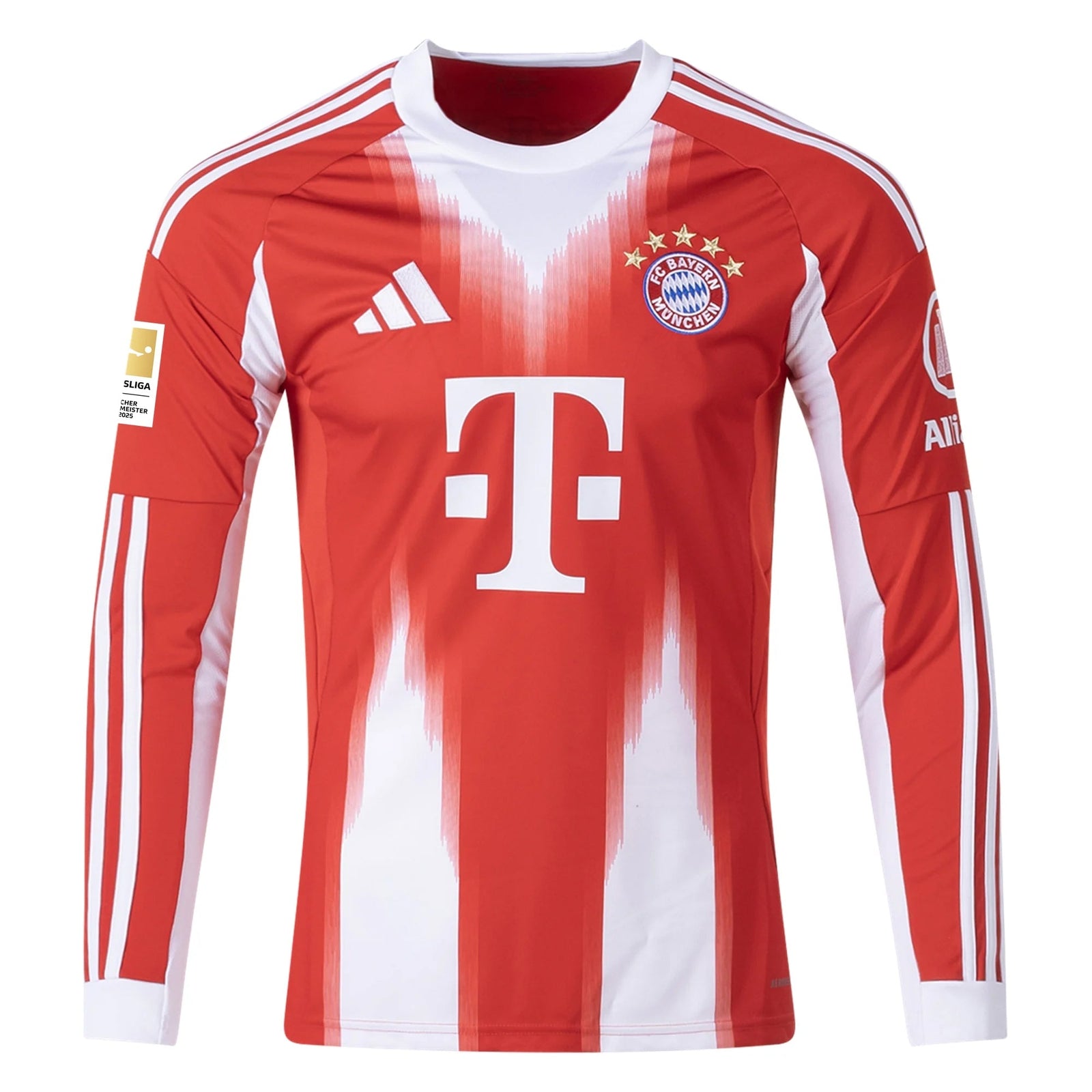 adidas Alphonso Davies Men's Bayern Munich Long Sleeve Home Jersey 25/26 w/ Bundesliga Champions Patch (Red/White) | SoccerWearhouse