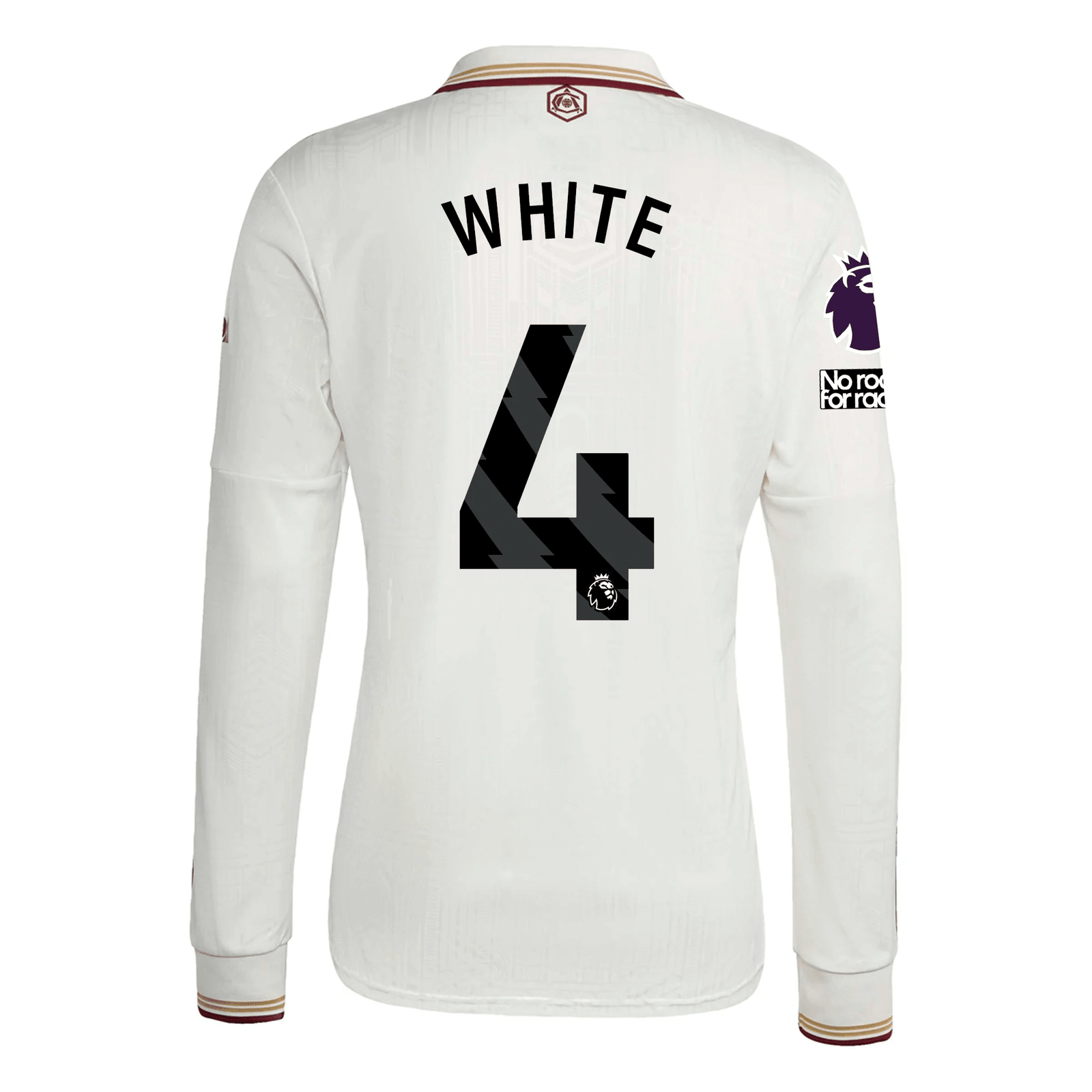 adidas Arsenal Ben White Third Long Sleeve Jersey w/ EPL + No Room For Racism 25/26 (White/Burgundy) | SoccerWearhouse