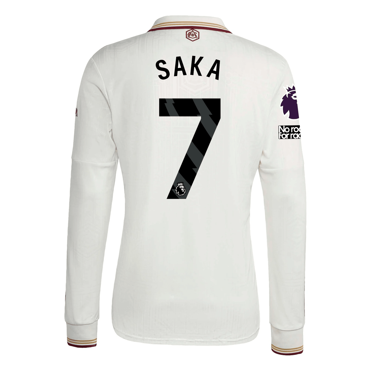 adidas Arsenal Bukayo Saka Third Long Sleeve Jersey w/ EPL + No Room For Racism 25/26 (White/Burgundy) | SoccerWearhouse