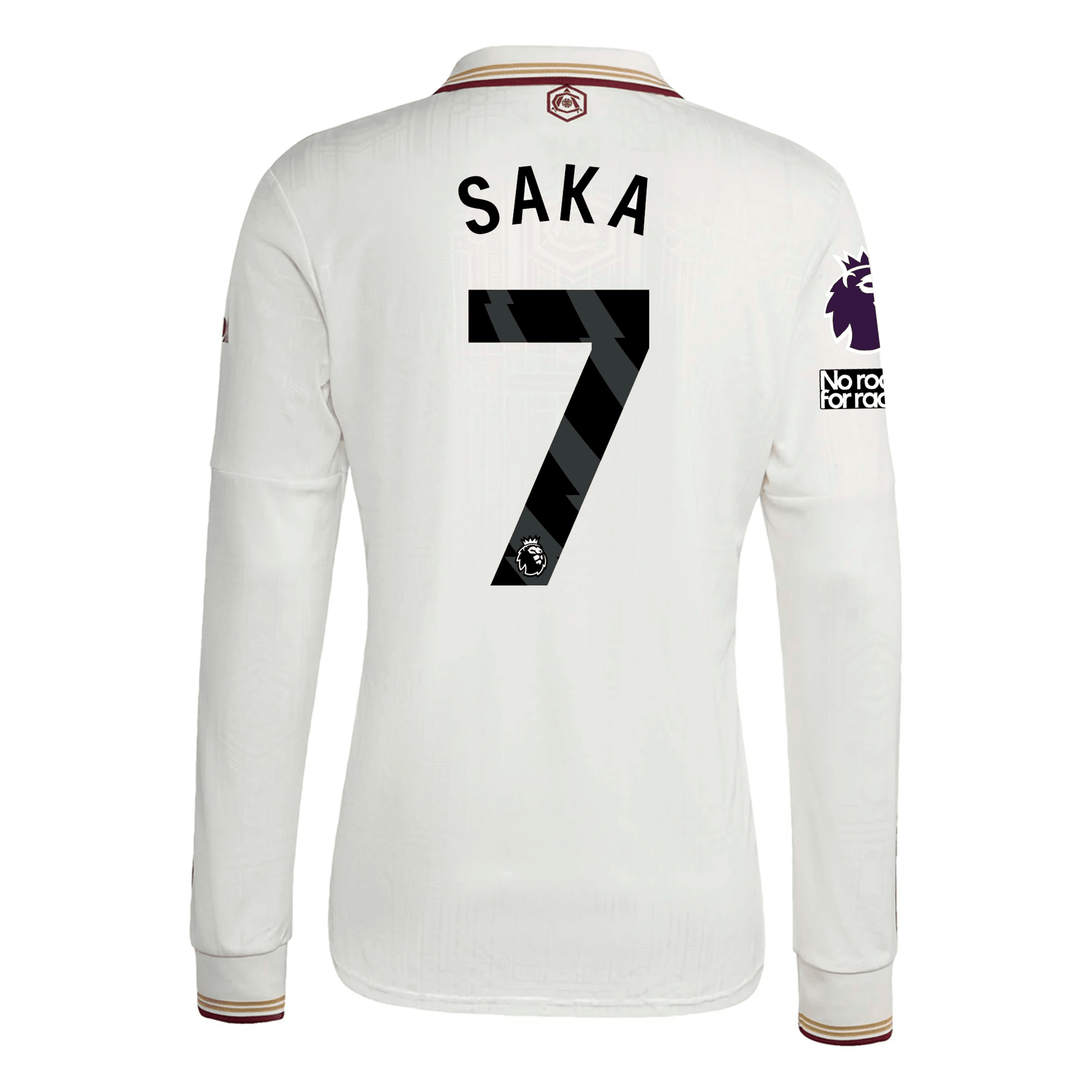 adidas Arsenal Bukayo Saka Third Long Sleeve Jersey w/ EPL + No Room For Racism 25/26 (White/Burgundy) | SoccerWearhouse