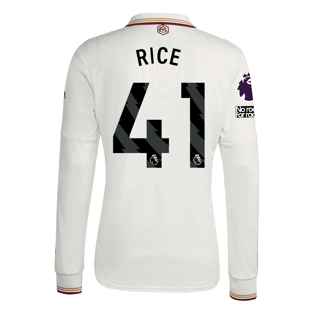 adidas Arsenal Declan Rice Third Long Sleeve Jersey w/ EPL + No Room For Racism 25/26 (White/Burgundy) | SoccerWearhouse