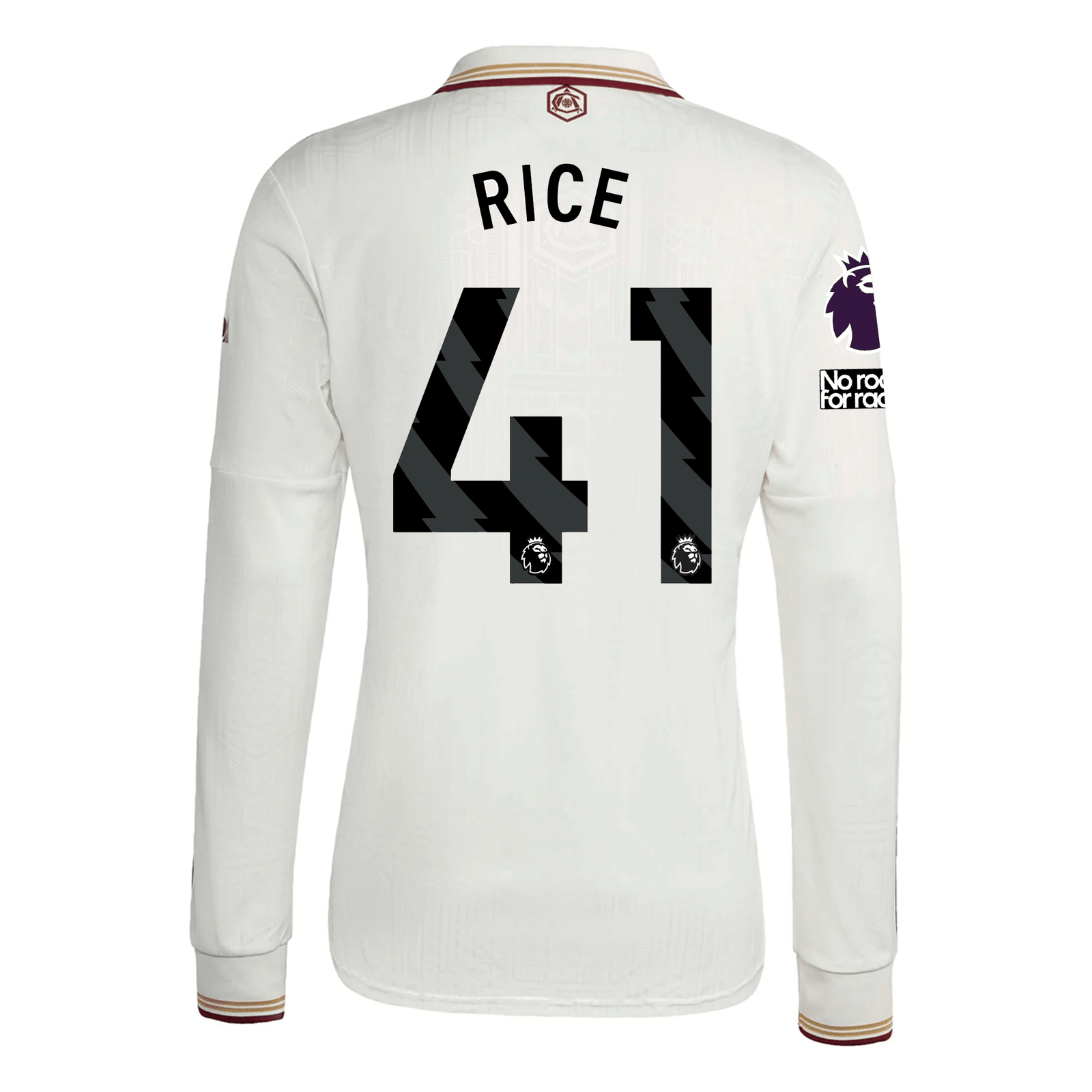 adidas Arsenal Declan Rice Third Long Sleeve Jersey w/ EPL + No Room For Racism 25/26 (White/Burgundy) | SoccerWearhouse