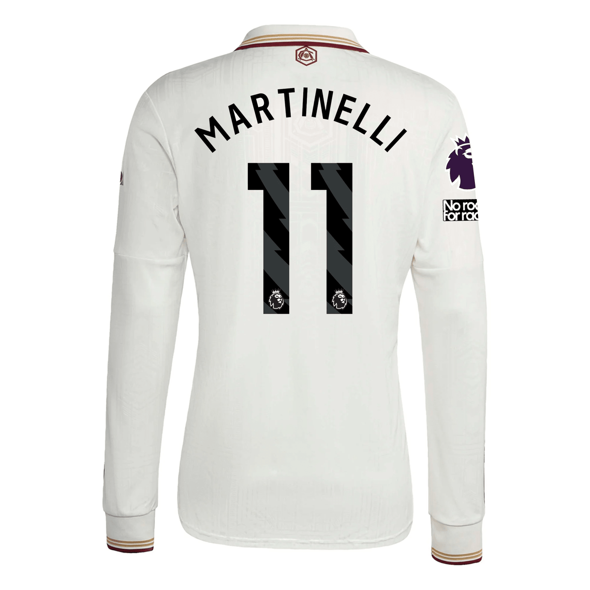 adidas Arsenal Gabriel Martinelli Third Long Sleeve Jersey w/ EPL + No Room For Racism 25/26 (White/Burgundy) | SoccerWearhouse