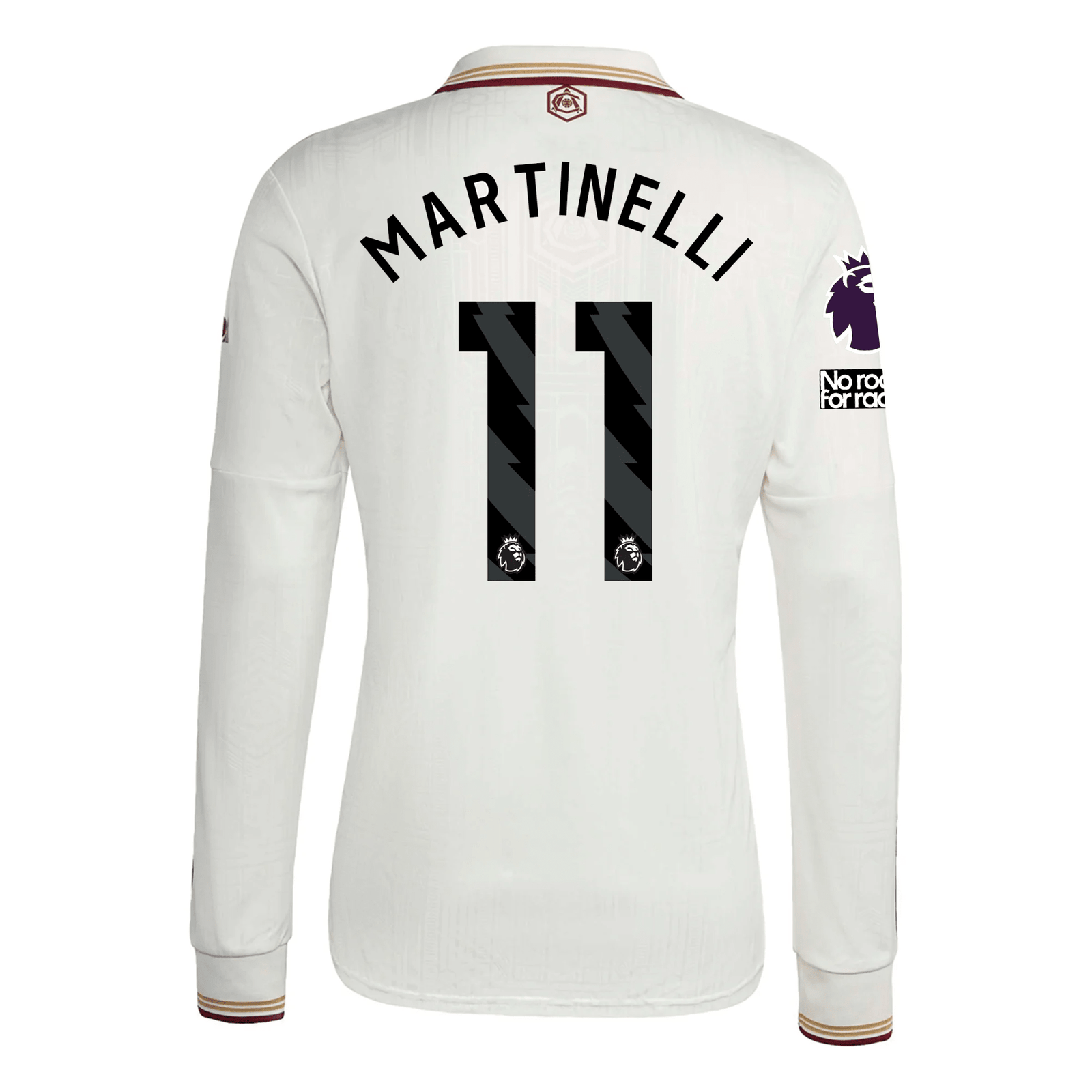 adidas Arsenal Gabriel Martinelli Third Long Sleeve Jersey w/ EPL + No Room For Racism 25/26 (White/Burgundy) | SoccerWearhouse