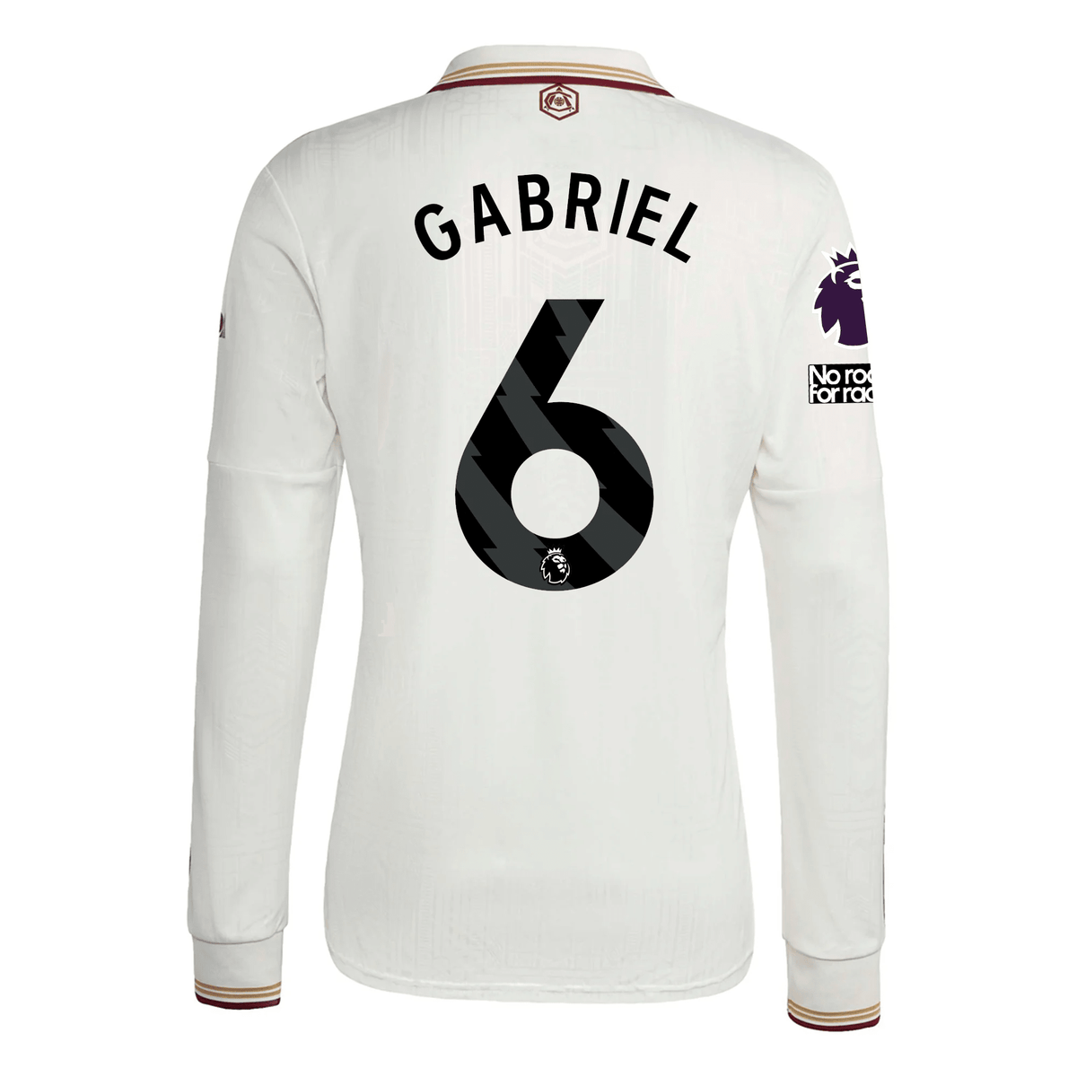 adidas Arsenal Gabriel Third Long Sleeve Jersey w/ EPL + No Room For Racism 25/26 (White/Burgundy) | SoccerWearhouse