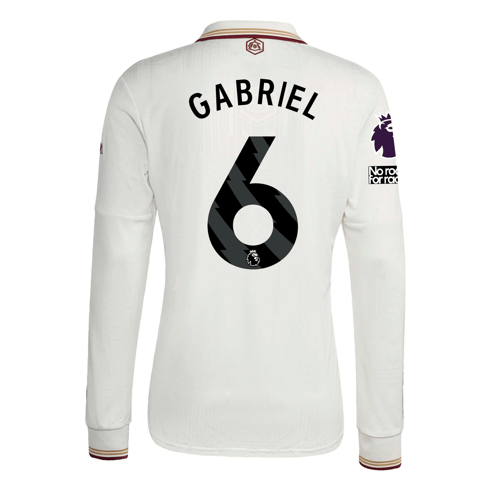 adidas Arsenal Gabriel Third Long Sleeve Jersey w/ EPL + No Room For Racism 25/26 (White/Burgundy) | SoccerWearhouse