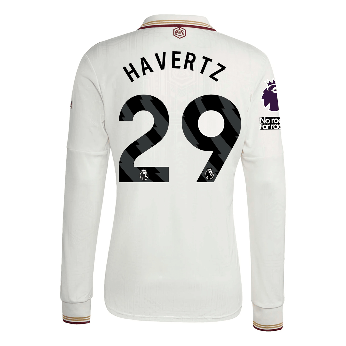 adidas Arsenal Kai Havertz Third Long Sleeve Jersey w/ EPL + No Room For Racism 25/26 (White/Burgundy) | SoccerWearhouse