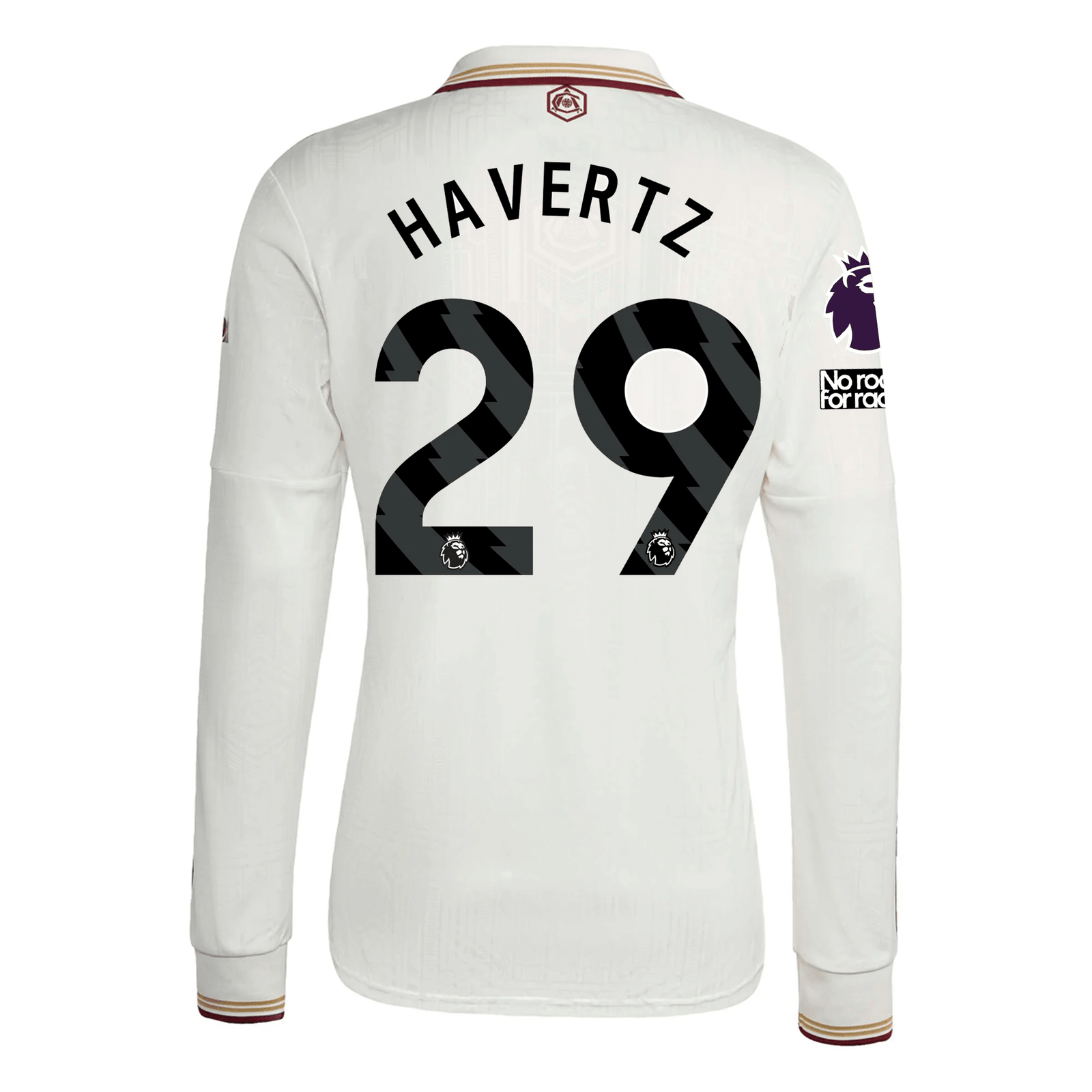 adidas Arsenal Kai Havertz Third Long Sleeve Jersey w/ EPL + No Room For Racism 25/26 (White/Burgundy) | SoccerWearhouse