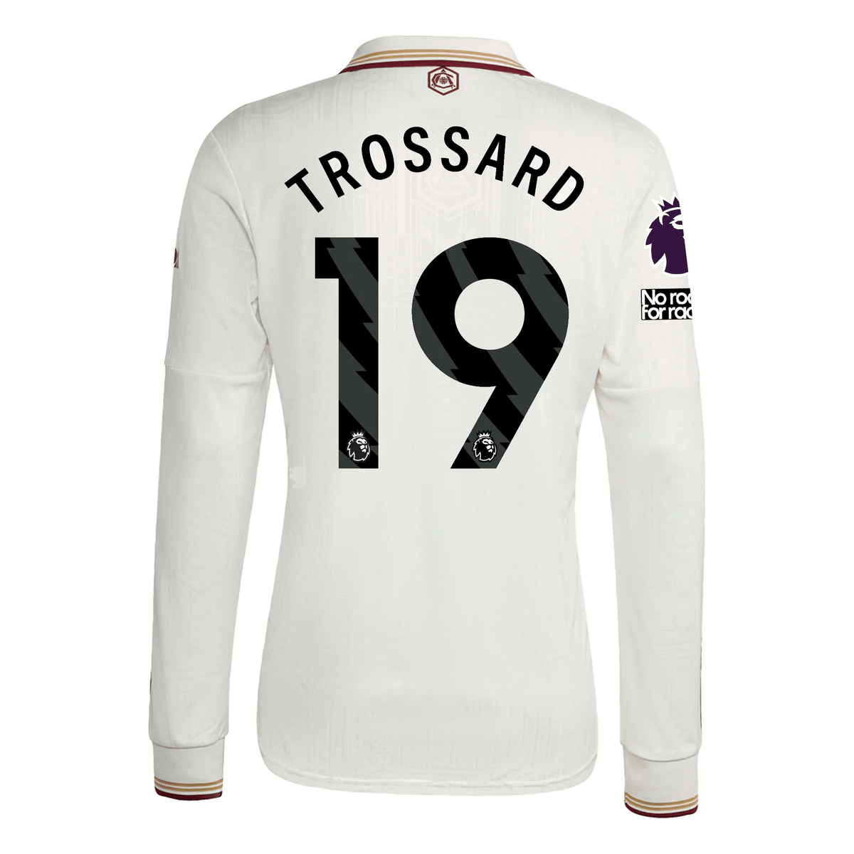 adidas Arsenal Leandro Trossard Third Long Sleeve Jersey w/ EPL + No Room For Racism 25/26 (White/Burgundy) | SoccerWearhouse