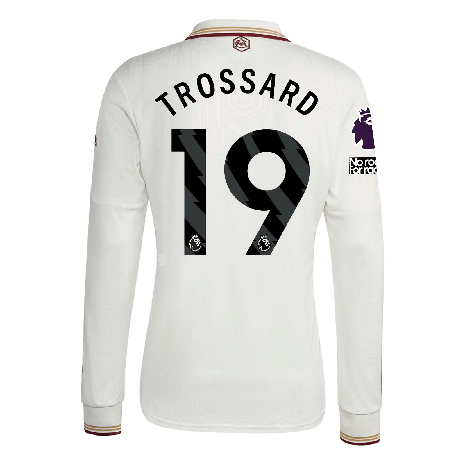 adidas Arsenal Leandro Trossard Third Long Sleeve Jersey w/ EPL + No Room For Racism 25/26 (White/Burgundy) | SoccerWearhouse