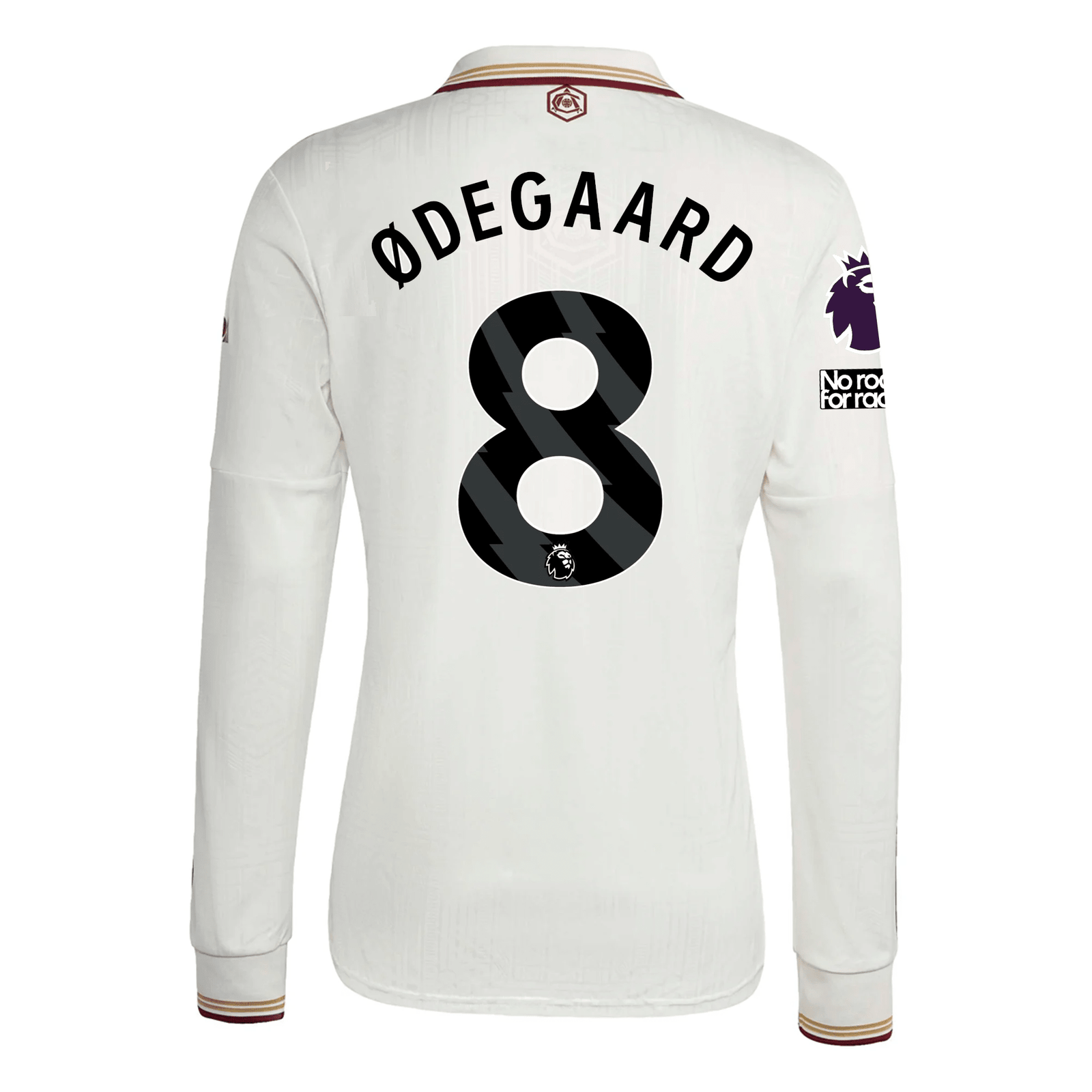 adidas Arsenal Martin Ødegaard Third Long Sleeve Jersey w/ EPL + No Room For Racism 25/26 (White/Burgundy) | SoccerWearhouse