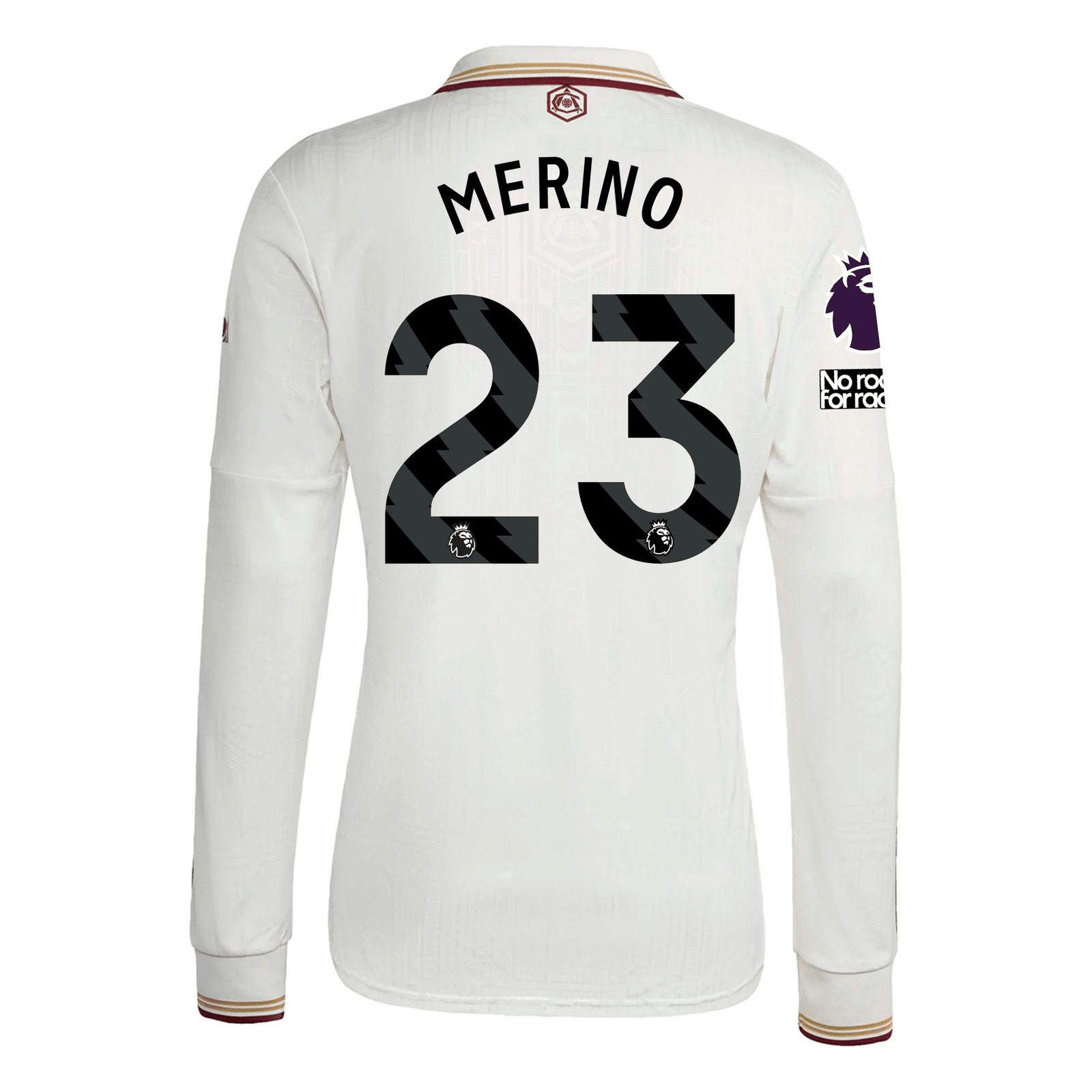 adidas Arsenal Mikel Merino Third Long Sleeve Jersey w/ EPL + No Room For Racism 25/26 (White/Burgundy) | SoccerWearhouse