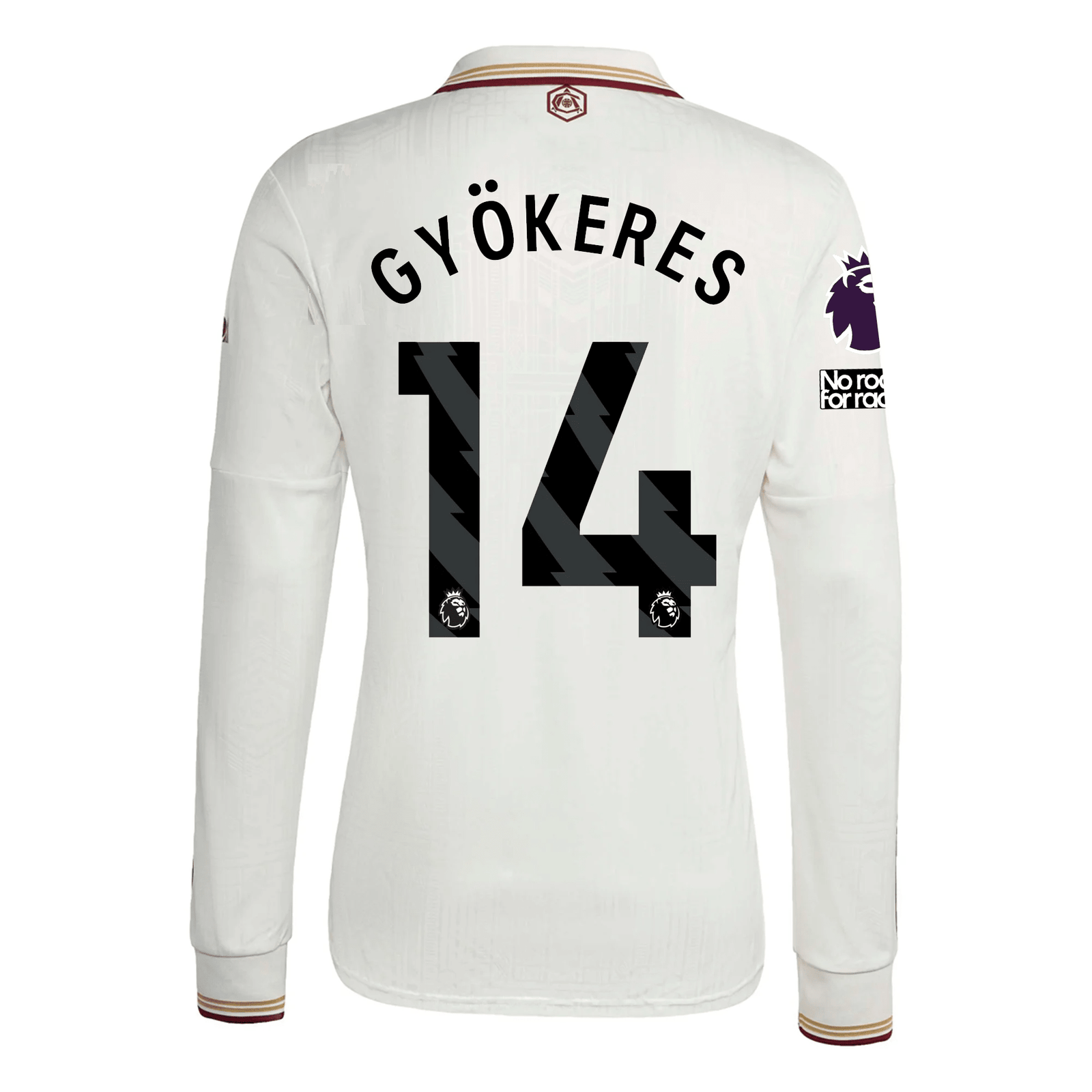 adidas Arsenal Viktor Gyökeres Third Long Sleeve Jersey w/ EPL + No Room For Racism 25/26 (White/Burgundy) | SoccerWearhouse