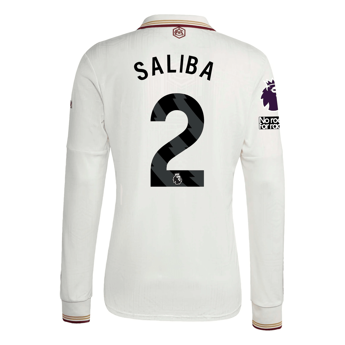adidas Arsenal William Saliba Third Long Sleeve Jersey w/ EPL + No Room For Racism 25/26 (White/Burgundy) | SoccerWearhouse