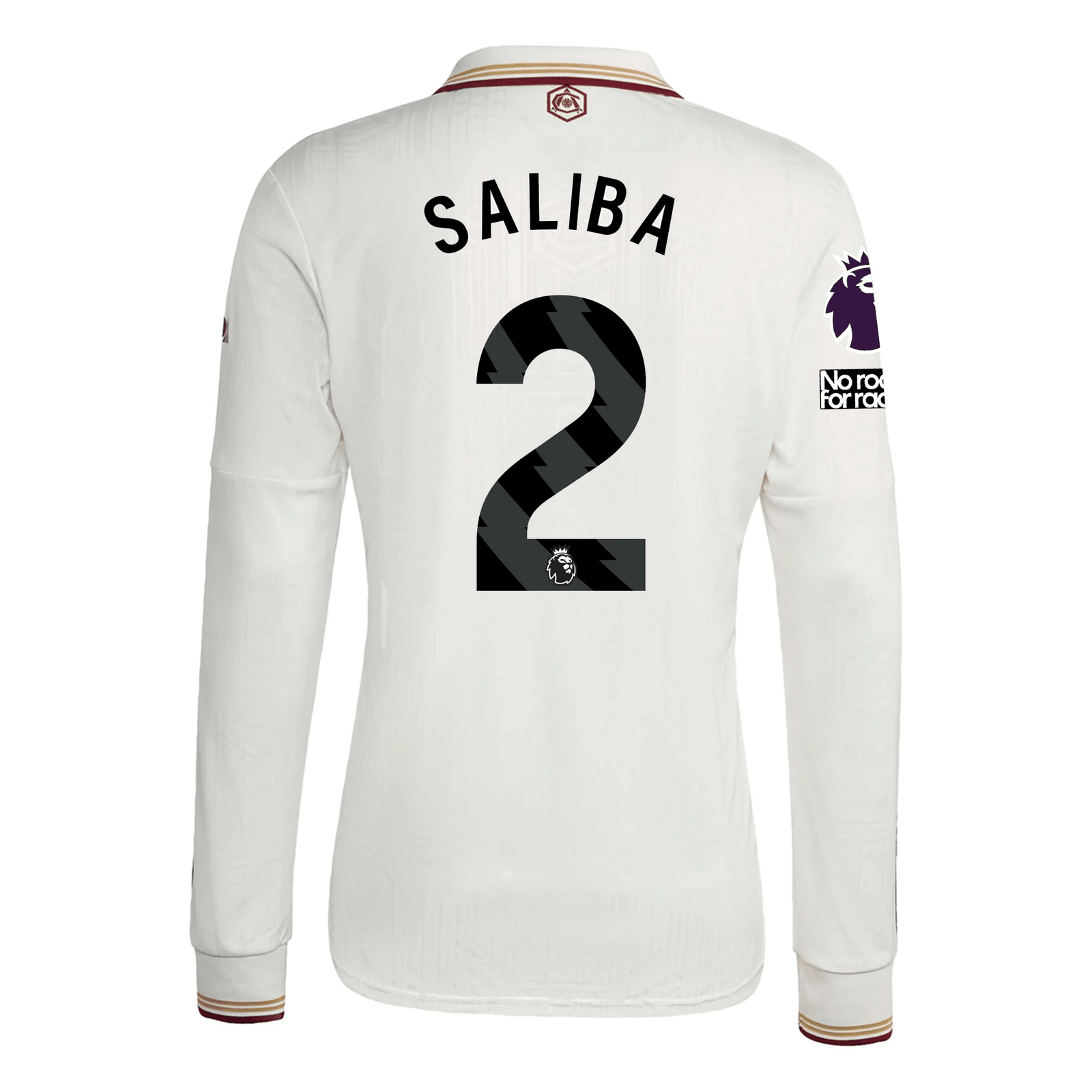 adidas Arsenal William Saliba Third Long Sleeve Jersey w/ EPL + No Room For Racism 25/26 (White/Burgundy) | SoccerWearhouse