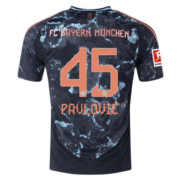adidas Bayern Munich Aleksandar Pavlović Away Jersey w/ Bundesliga Patch 24/25 (Black/Copper/Blue) | SoccerWearhouse