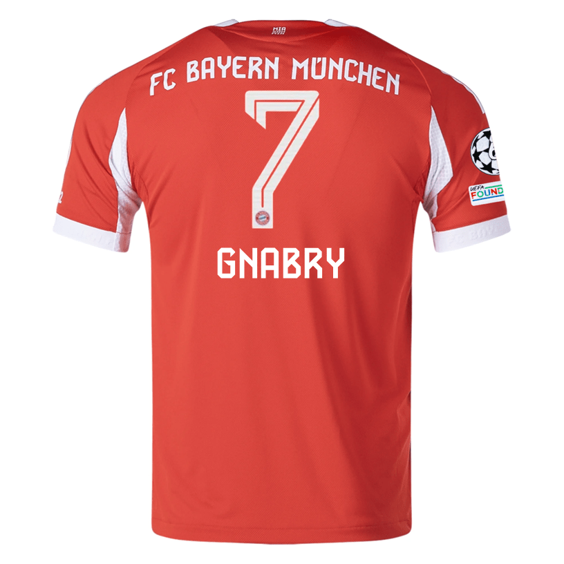 adidas Bayern Munich Gnabry Home Jersey w/ Champions League Patches 25/26 (Red) | SoccerWearhouse