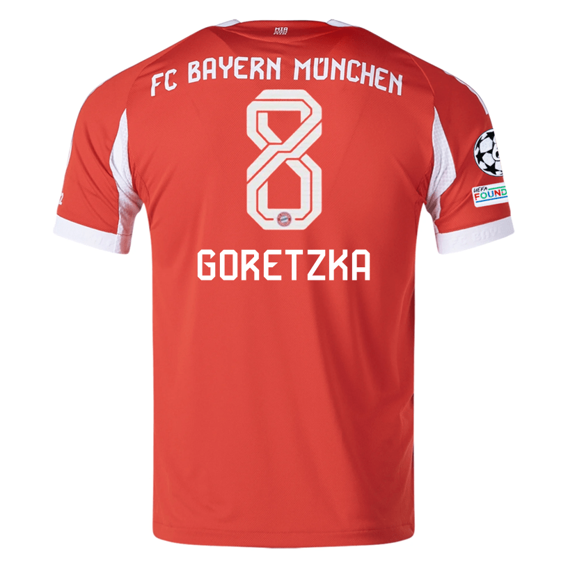 adidas Bayern Munich Goretzka Home Jersey w/ Champions League Patches 25/26 (Red) | SoccerWearhouse