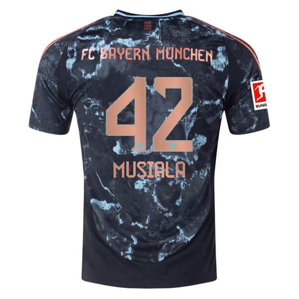 adidas Bayern Munich Jamal Musiala Away Jersey w/ Bundesliga Patch 24/25 (Black/Copper/Blue) | SoccerWearhouse