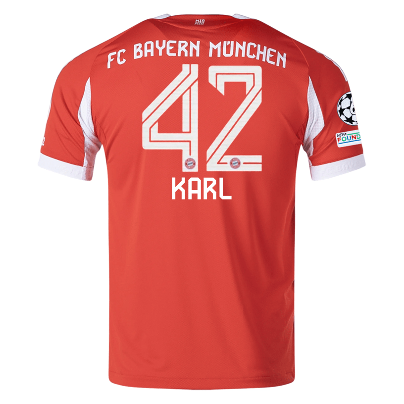adidas Bayern Munich Karl Home Jersey w/ Champions League Patches 25/26 (Red) | SoccerWearhouse