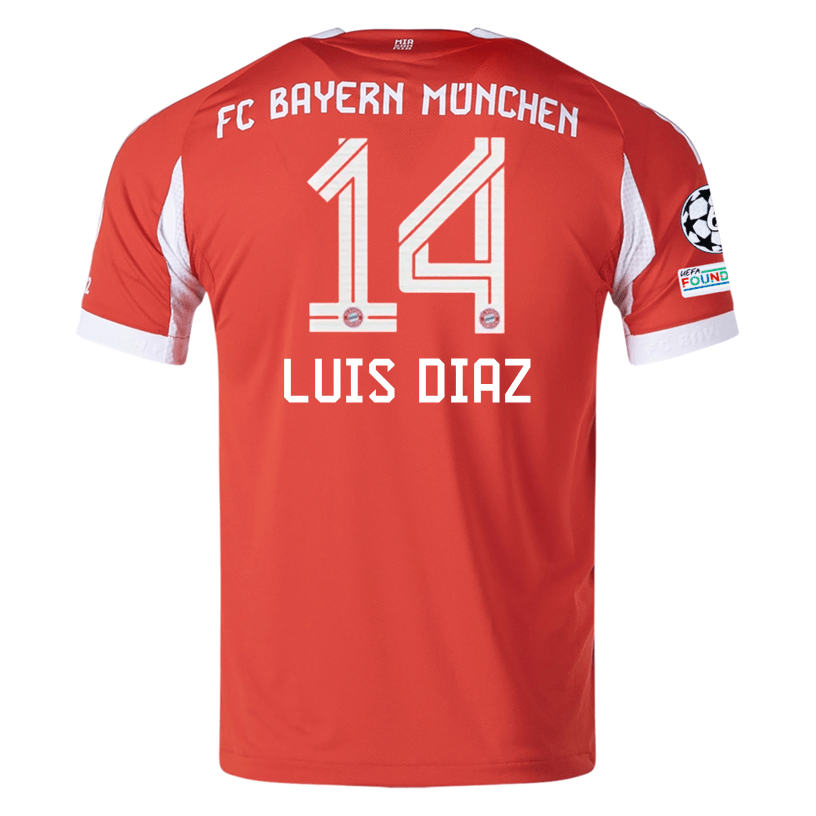 adidas Bayern Munich Luis Diaz Home Jersey w/ Champions League Patches 25/26 (Red) | SoccerWearhouse