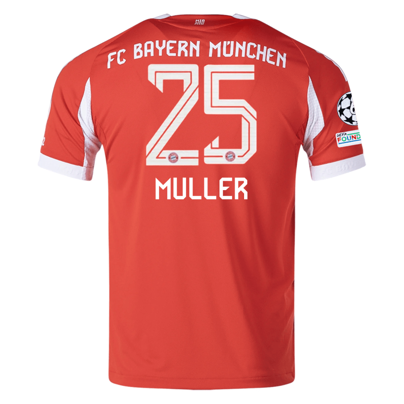 adidas Bayern Munich Muller Home Jersey w/ Champions League Patches 25/26 (Red) | SoccerWearhouse