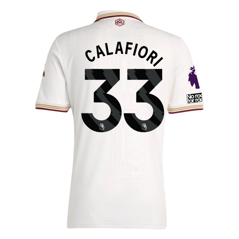 adidas Calafiori Men's Arsenal FC Third Jersey 25/26 w/ NRFR + EPL Patches (White/Burgundy) | SoccerWearhouse
