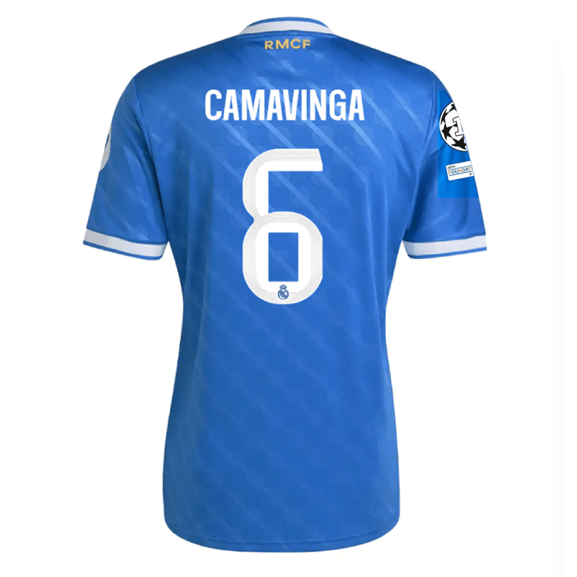 adidas Camavinga Men's Real Madrid Third Jersey 25/26 w/ Champions League Patches (Blue/White) | SoccerWearhouse