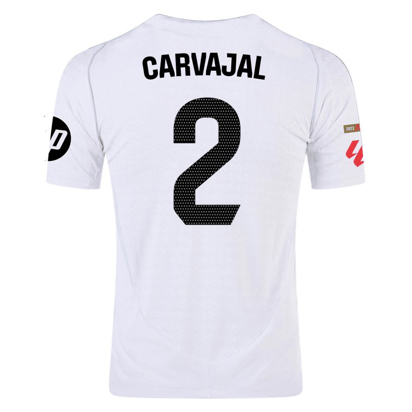 adidas Carvajal Real Madrid Authentic Home Jersey w/ La Liga Patches 24/25 (White/Black) | SoccerWearhouse