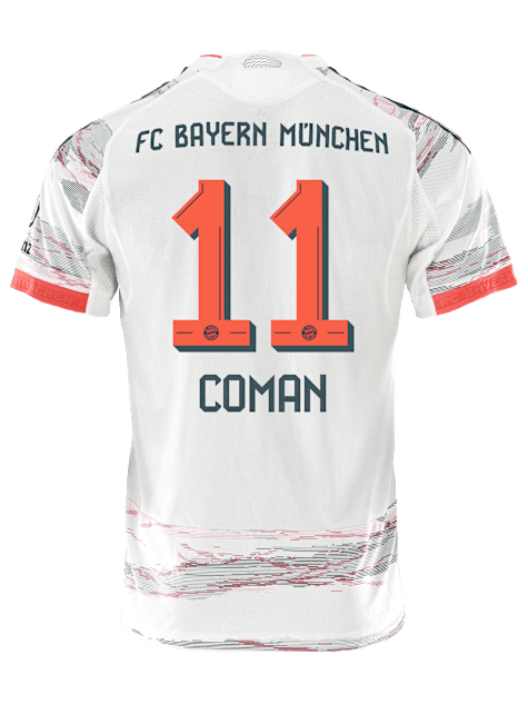 adidas Coman Authentic Away Jersey 25/26 w/ Sponsor + Meister Bundesliga Patch (White/Red) | SoccerWearhouse