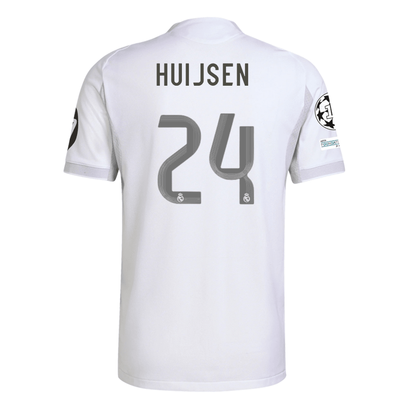 adidas Dean Huijsen Real Madrid 25/26 Home Jersey w/ Champions League Patches (White) | SoccerWearhouse