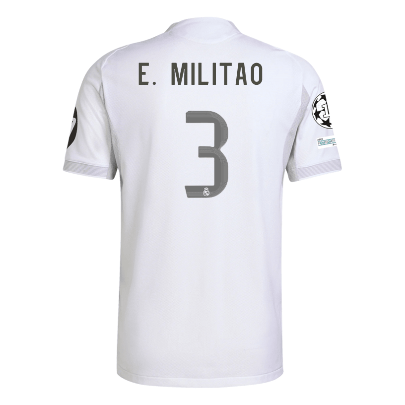 adidas Éder Gabriel Militão Real Madrid 25/26 Home Jersey w/ Champions League Patches (White) | SoccerWearhouse