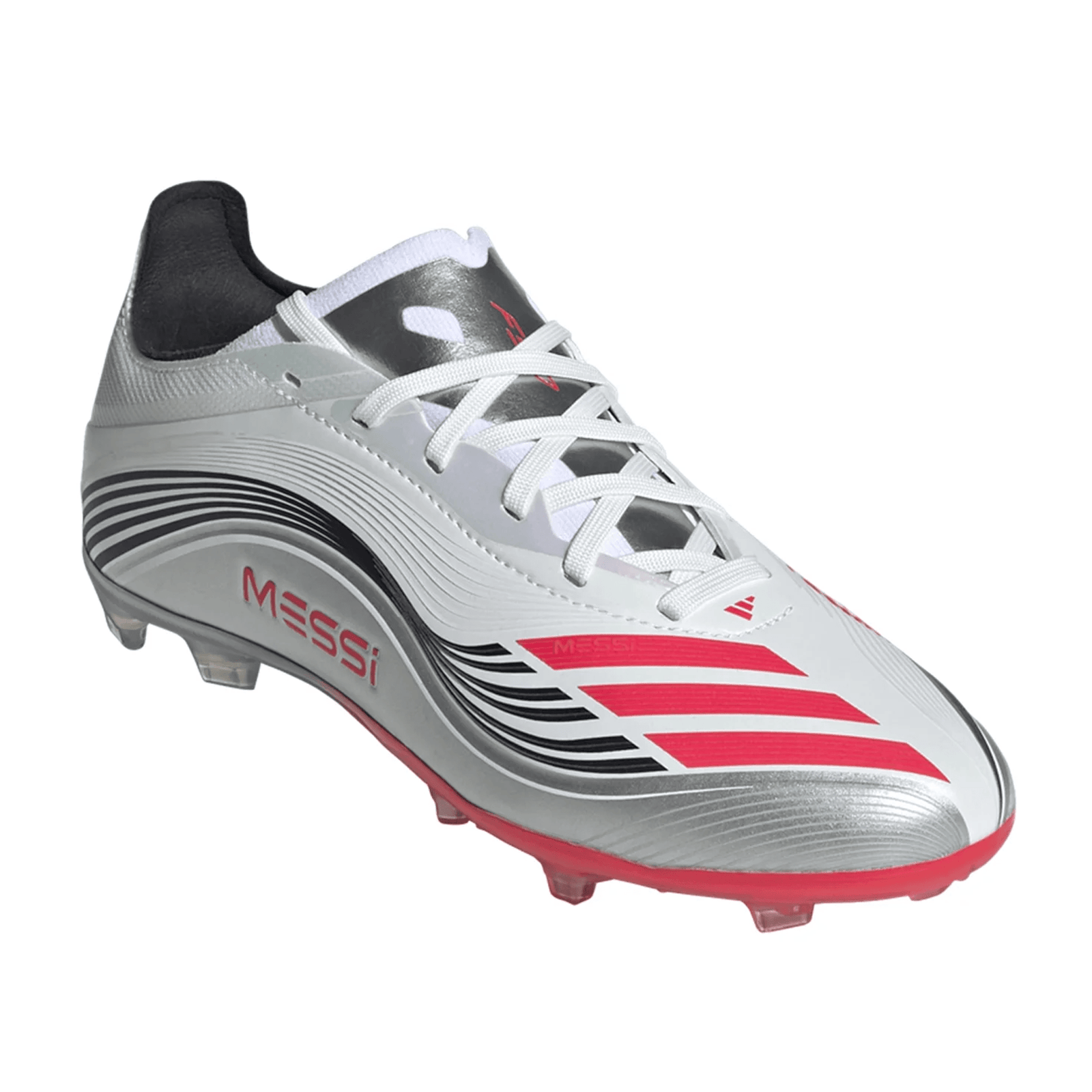 adidas F50 Messi Elite Firm Ground Junior Cleats (White/Lucid Red/Silver Metallic) | SoccerWearhouse