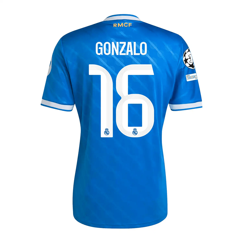 adidas Gonzalo Men's Real Madrid Third Jersey 25/26 w/ Champions League Patches (Blue/White) | SoccerWearhouse