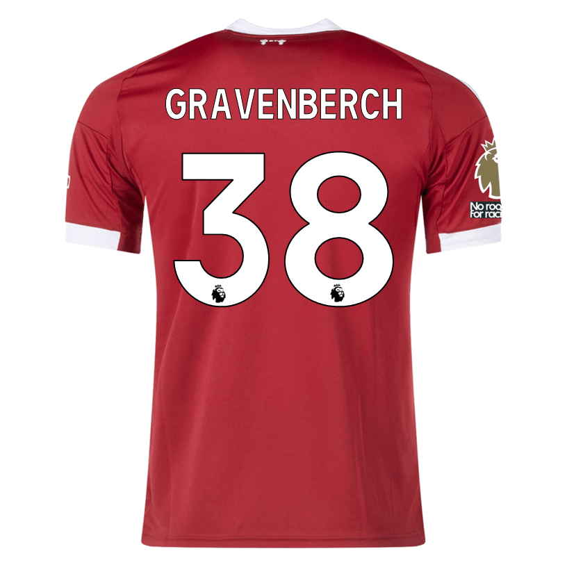 adidas Gravenberch Men's Liverpool Home Jersey 25/26 w/ NRFR + EPL Champions Patch (Strawberry Red) | SoccerWearhouse