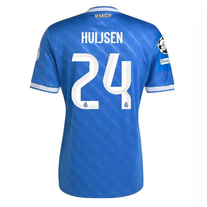 adidas Huijsen Men's Real Madrid Third Jersey 25/26 w/ Champions League Patches (Blue/White) | SoccerWearhouse