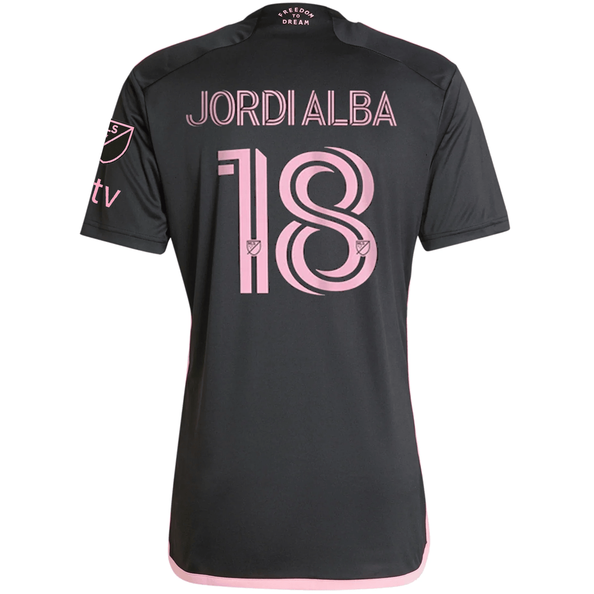adidas Inter Miami Jordi Alba Royal Caribbean Away Jersey w/ MLS + Apple TV Patches 23/24 (Black/Bliss Pink) | SoccerWearhouse