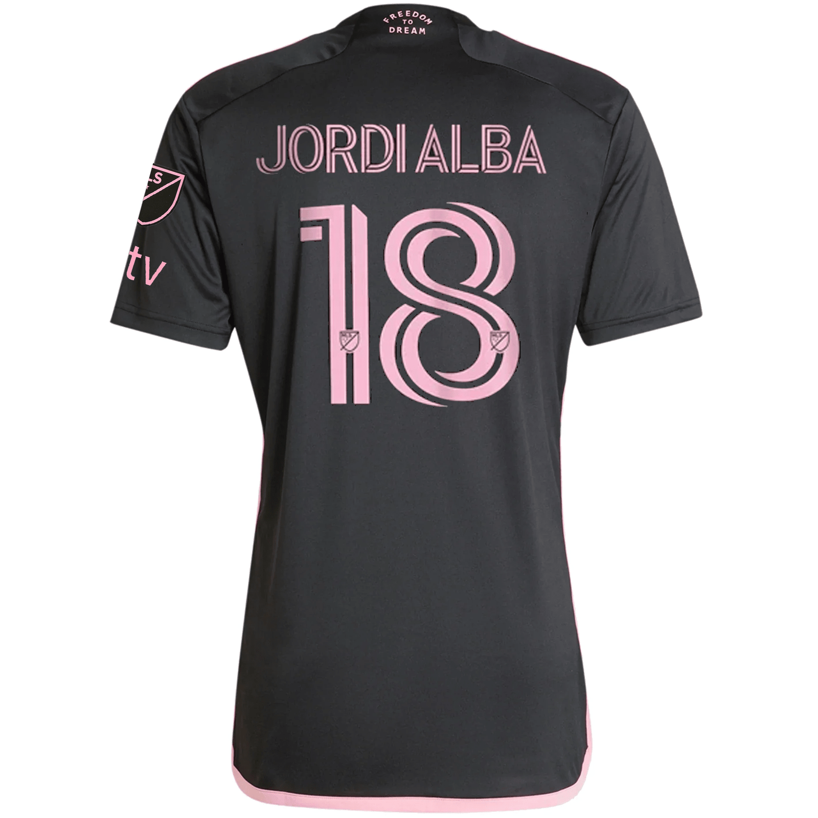 adidas Inter Miami Jordi Alba Royal Caribbean Away Jersey w/ MLS + Apple TV Patches 23/24 (Black/Bliss Pink) | SoccerWearhouse