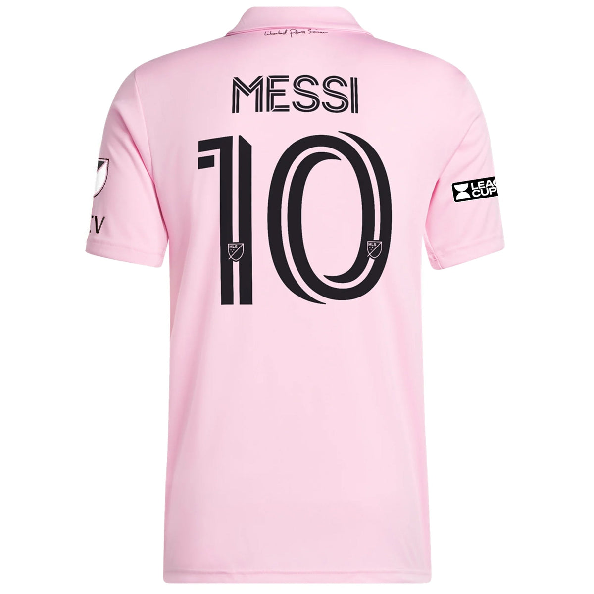 adidas Inter Miami Lionel Messi Home Jersey 23/24 w/ MLS + Leagues Cup Patch + Match Details (True Pink/Black) | SoccerWearhouse