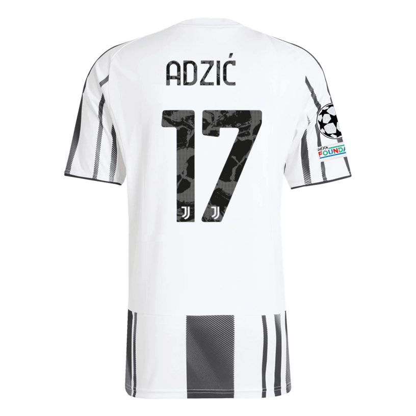 adidas Juventus Adzic Home Jersey w/ Champions League Patches 25/26 (White/Black/Pink) | SoccerWearhouse