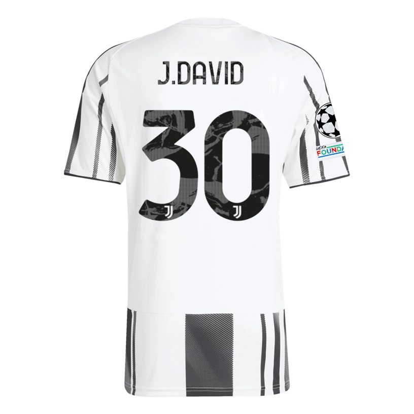 adidas Juventus J. David Home Jersey w/ Champions League Patches 25/26 (White/Black/Pink) | SoccerWearhouse