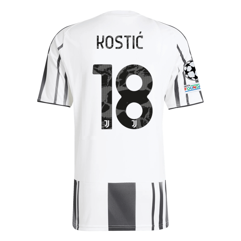 adidas Juventus Kostic Home Jersey w/ Champions League Patches 25/26 (White/Black/Pink) | SoccerWearhouse
