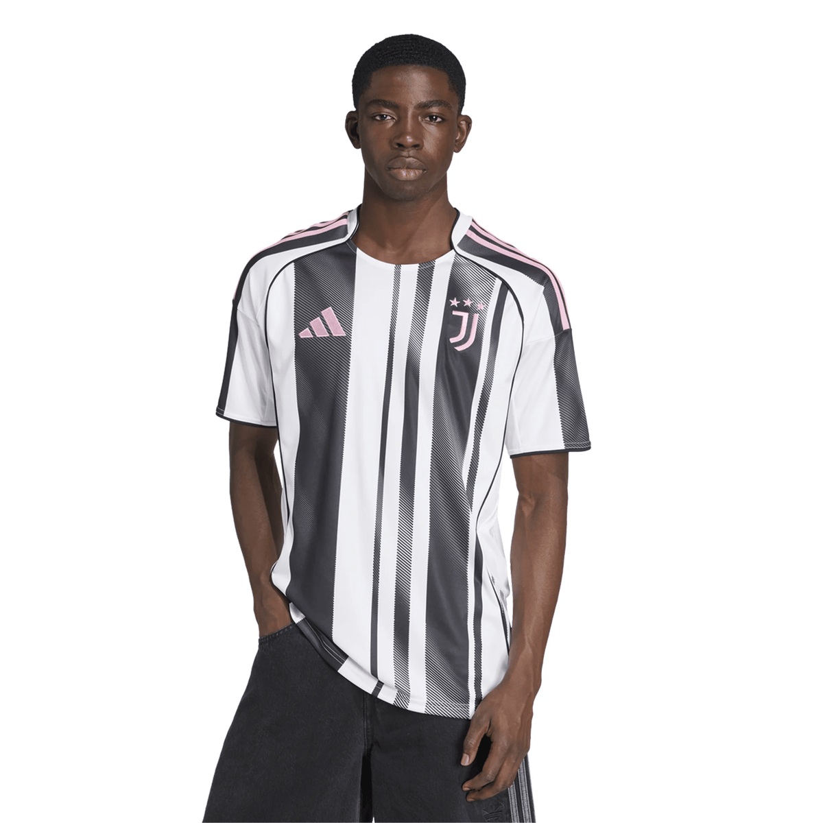 adidas Juventus Rouhi Home Jersey w/ Champions League Patches 25/26 (White/Black/Pink) | SoccerWearhouse