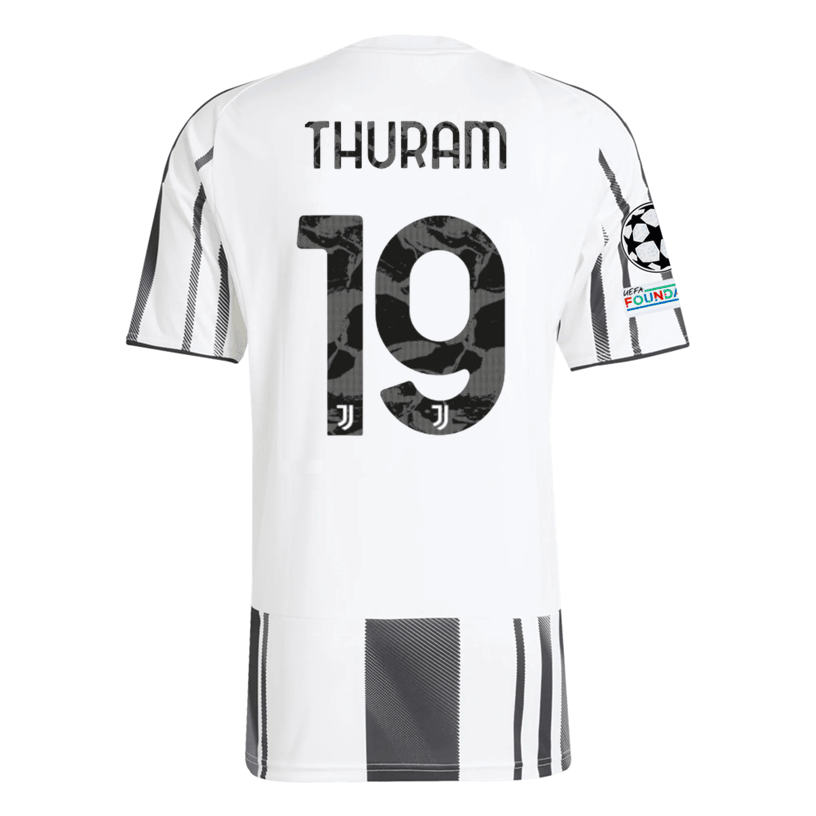 adidas Juventus Thuram Home Jersey w/ Champions League Patches 25/26 (White/Black/Pink) | SoccerWearhouse