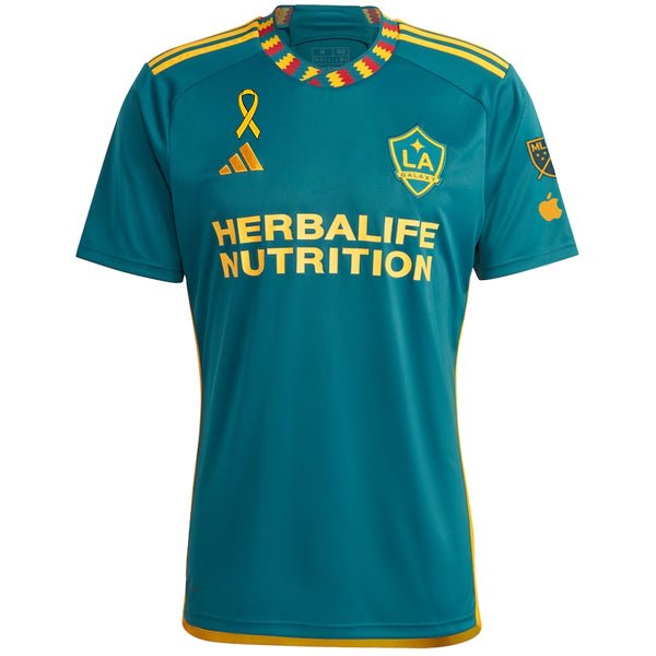 adidas LA Galaxy Away Stadium Jersey w/ MLS + Apple TV + Childhood Cancer Awareness Patch 23/24 (Green/Yellow) | SoccerWearhouse