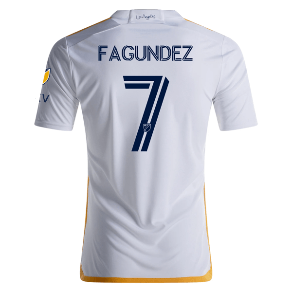 adidas LA Galaxy Diego Fagúndez Home Jersey w/ MLS + Apple TV Patches 24/25 (White/Yellow/Navy) | SoccerWearhouse