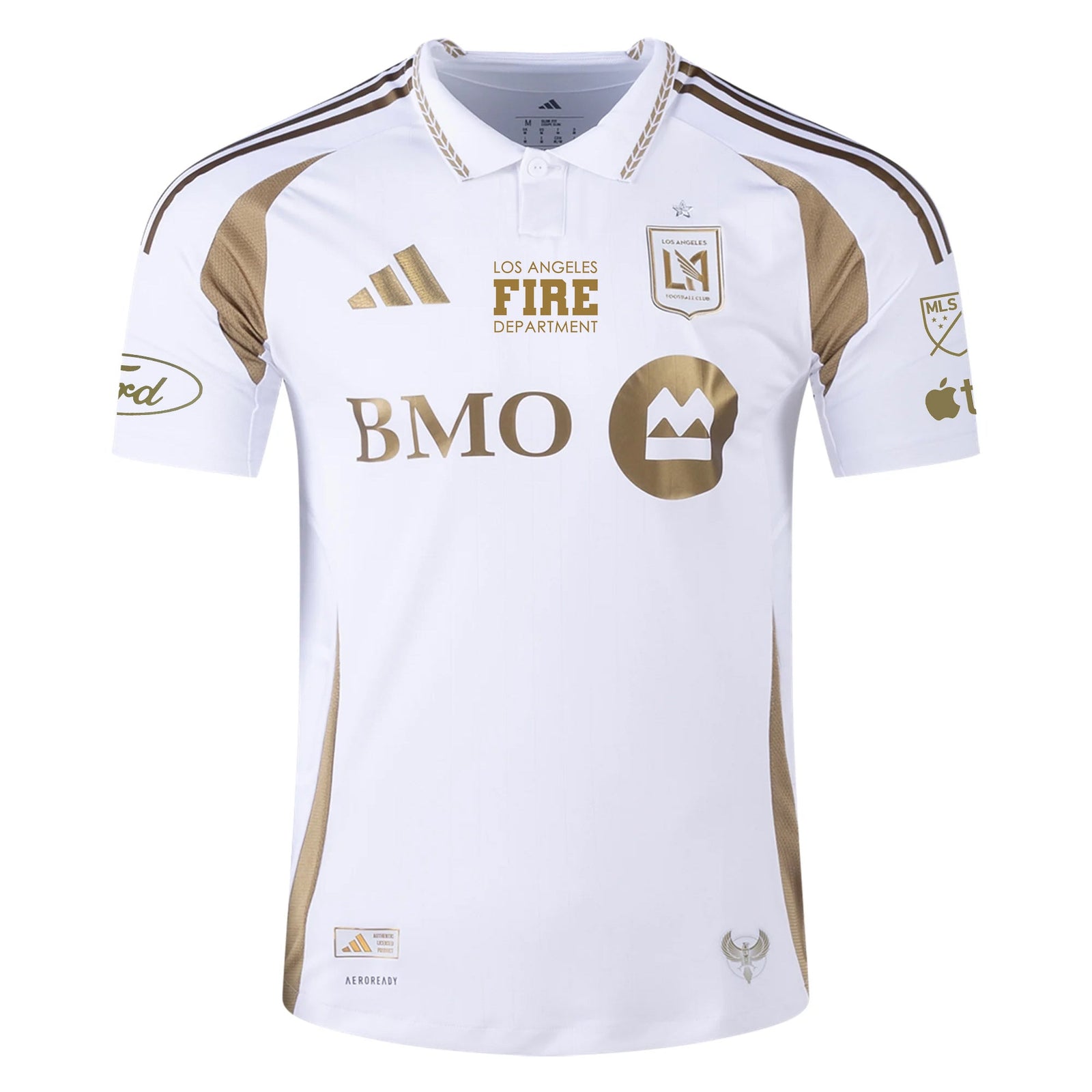adidas LAFC Authentic Away Jersey w/ MLS + Apple + Ford & LAFD Logo 25/26 (White/Gold) | SoccerWearhouse