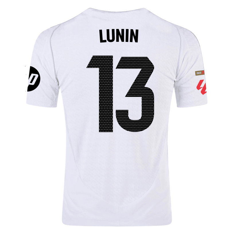 adidas Lunin Real Madrid Authentic Home Jersey w/ La Liga Patches 24/25 (White/Black) | SoccerWearhouse